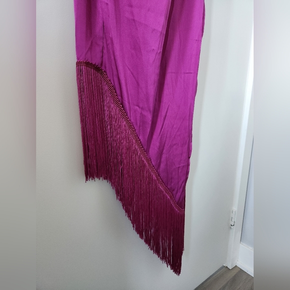 RHOLIE PLUNGE NECK FRINGE HEM FIXED WRAP MIDI DRESS IN PINK - Picture 7 of 11